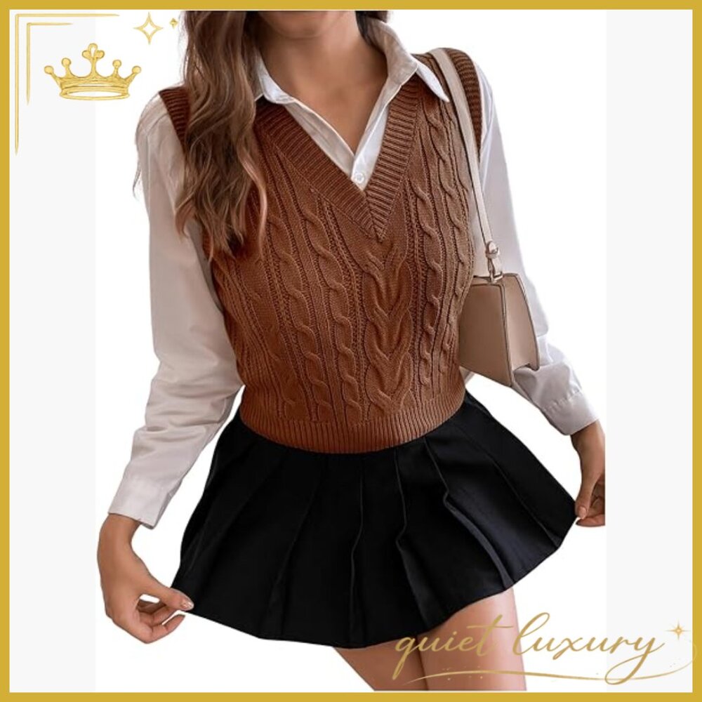 Slim Fit V-Neck Cable Knit Sweater Vest Sleeveless Acrylic Top